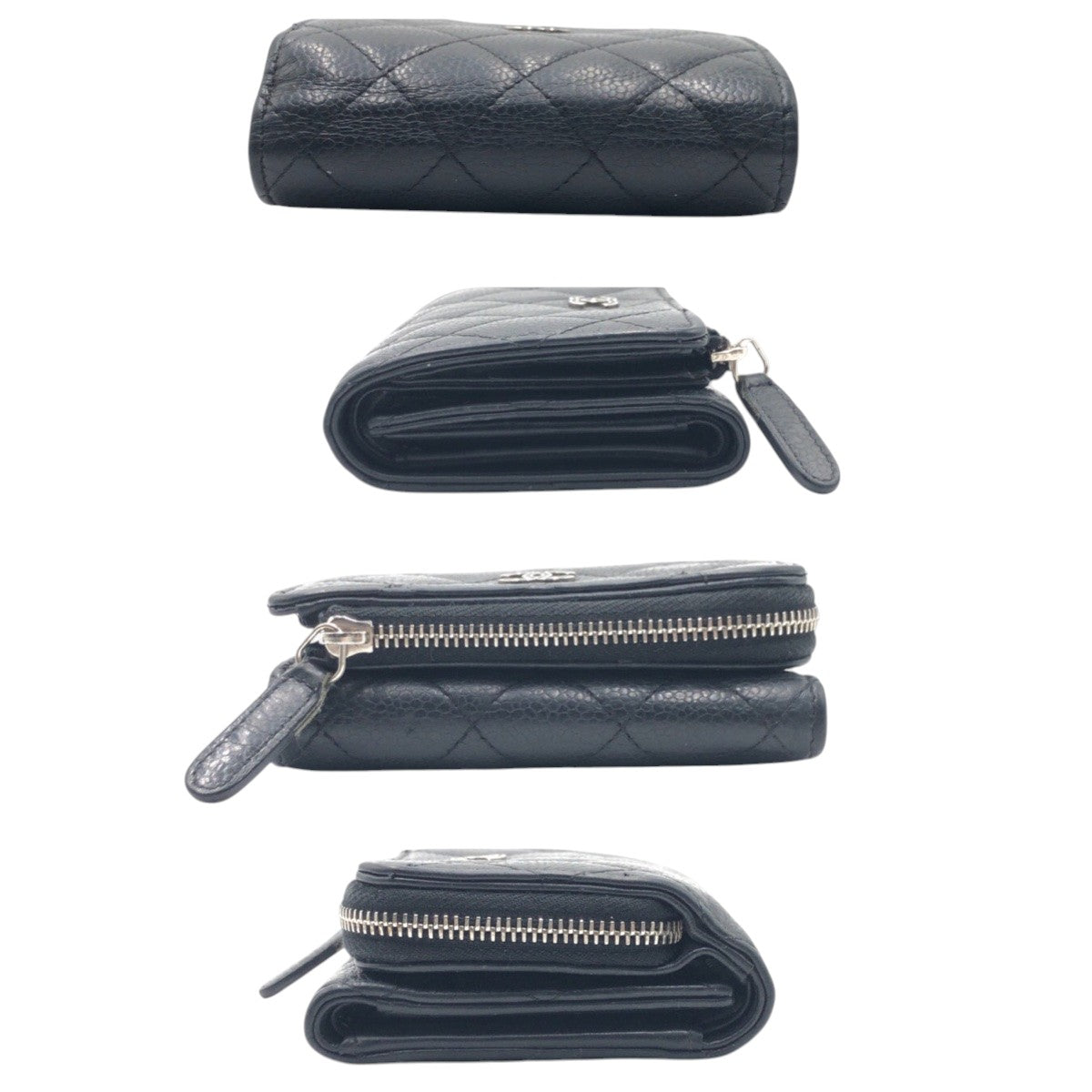 CHANEL Tri-fold wallet Caviar skin Black black Tri-fold Wallet Folded Wallet Compact Wallet Matrasse COCO Mark Women Used Authentic