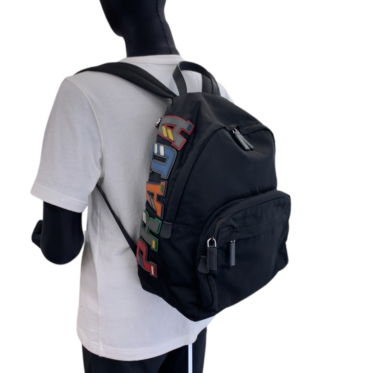 PRADA Backpack 2VZ135 Nylon Black Black Multicolor SilverMetal Backpack Backpack Test Logo patch mens Used Authentic