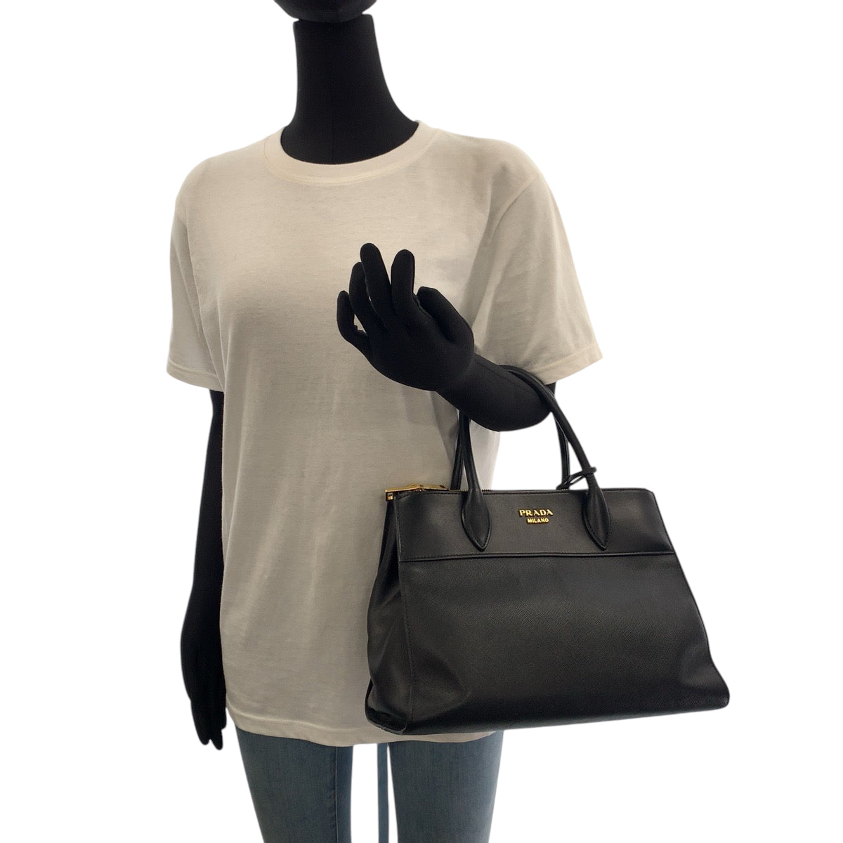 PRADA Handbag 1BA103 leather Black GoldMetal Handbag Tote Bag Paradigm Saffiano logo Women Used Authentic