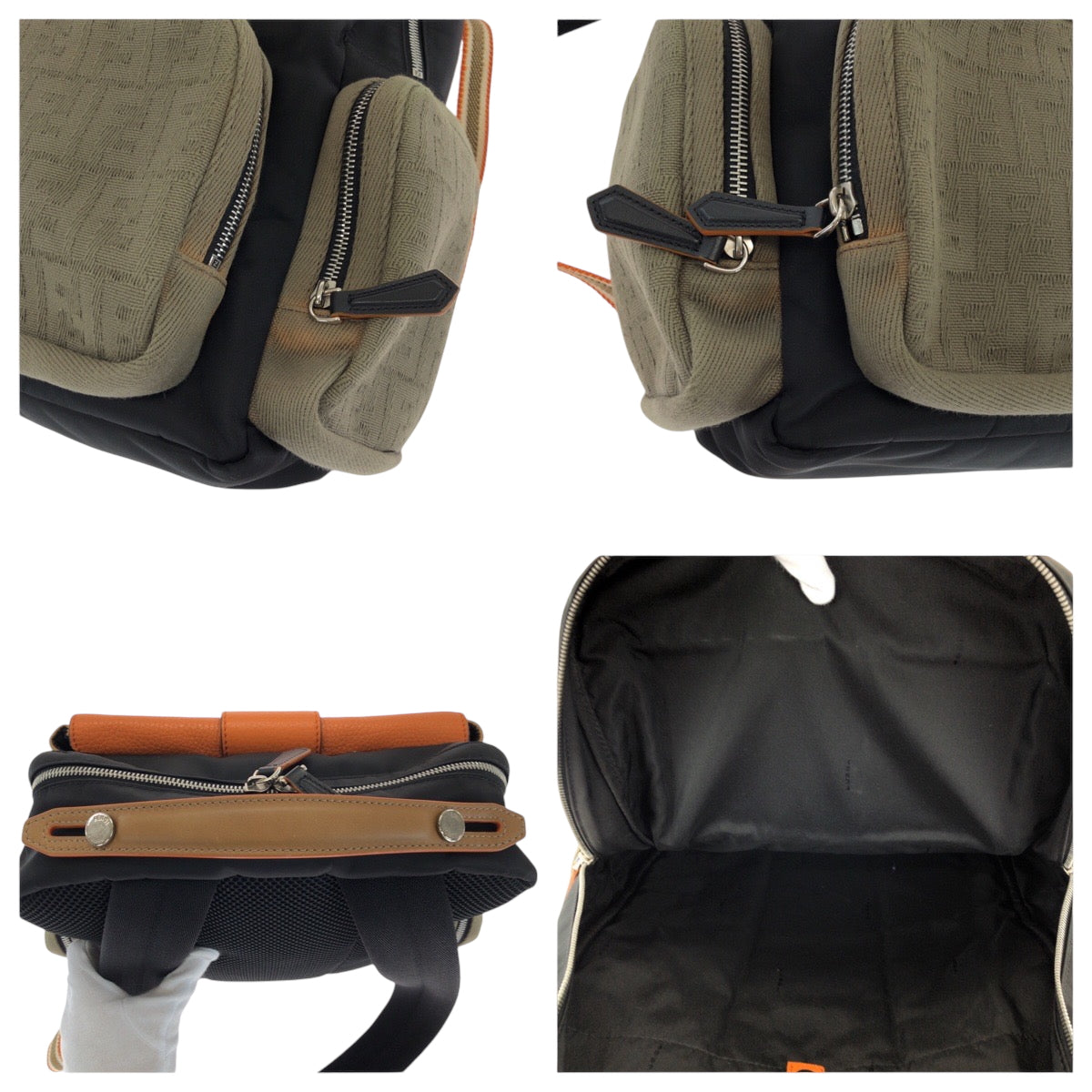 FENDI Backpack 7VZ048 Canvas, Nylon Black Orange Khaki SilverMetal Backpack Backpack Zucca Pattern mens Used Authentic