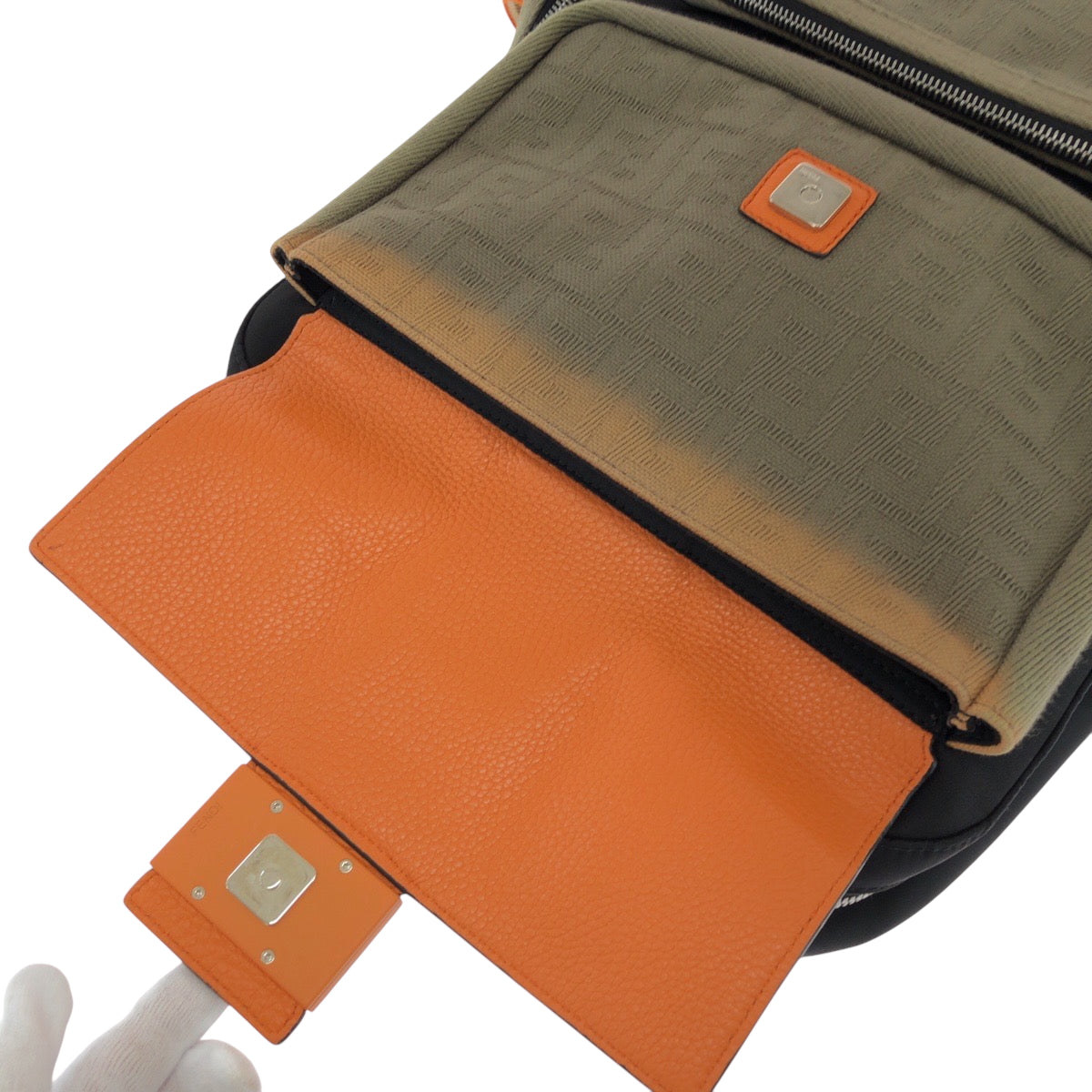 FENDI Backpack 7VZ048 Canvas, Nylon Black Orange Khaki SilverMetal Backpack Backpack Zucca Pattern mens Used Authentic