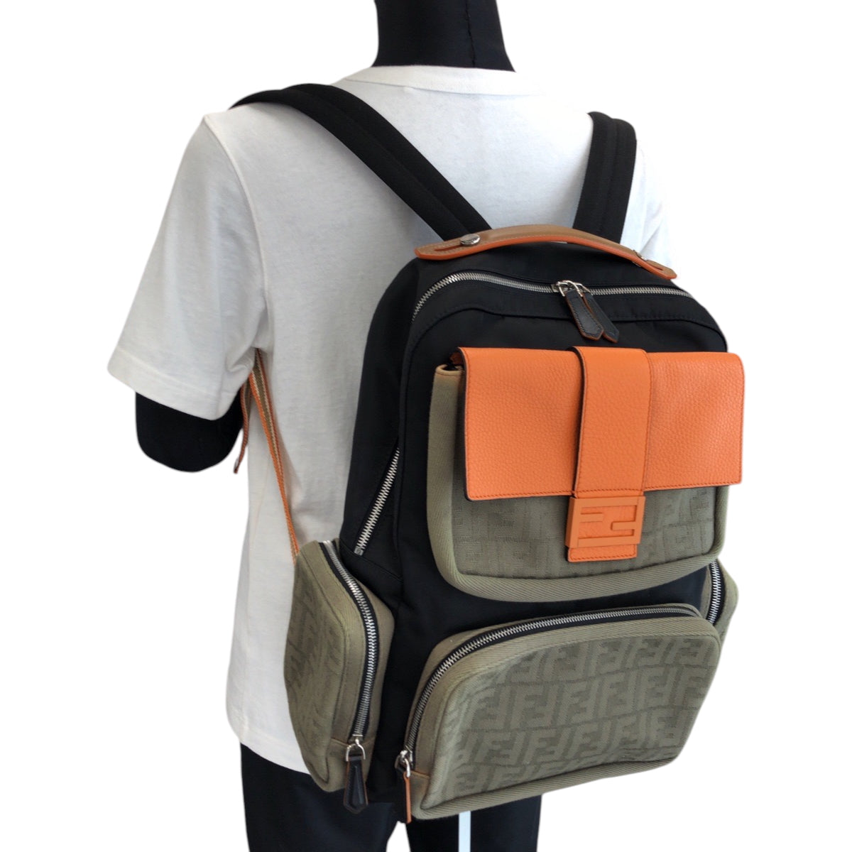 FENDI Backpack 7VZ048 Canvas, Nylon Black Orange Khaki SilverMetal Backpack Backpack Zucca Pattern mens Used Authentic