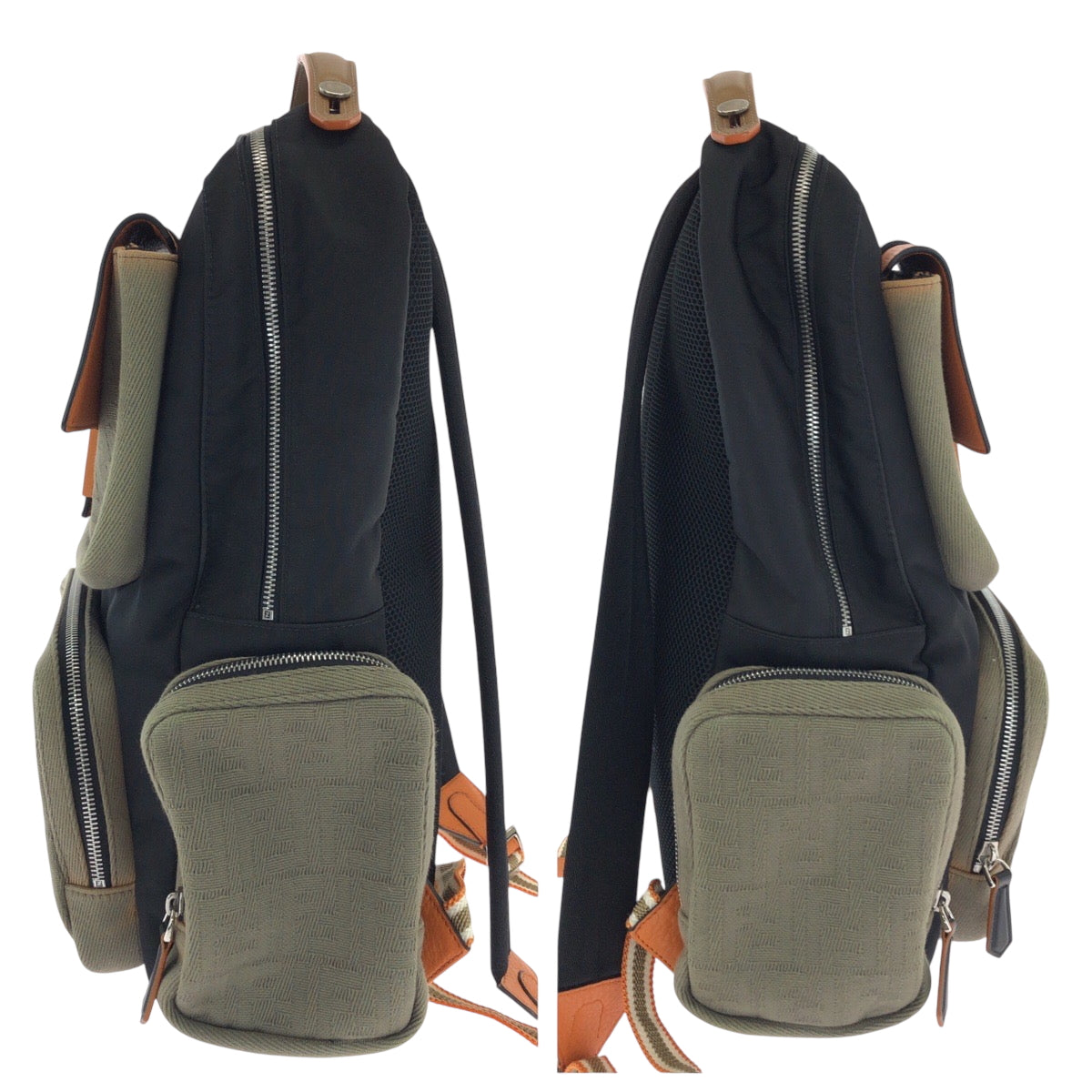 FENDI Backpack 7VZ048 Canvas, Nylon Black Orange Khaki SilverMetal Backpack Backpack Zucca Pattern mens Used Authentic