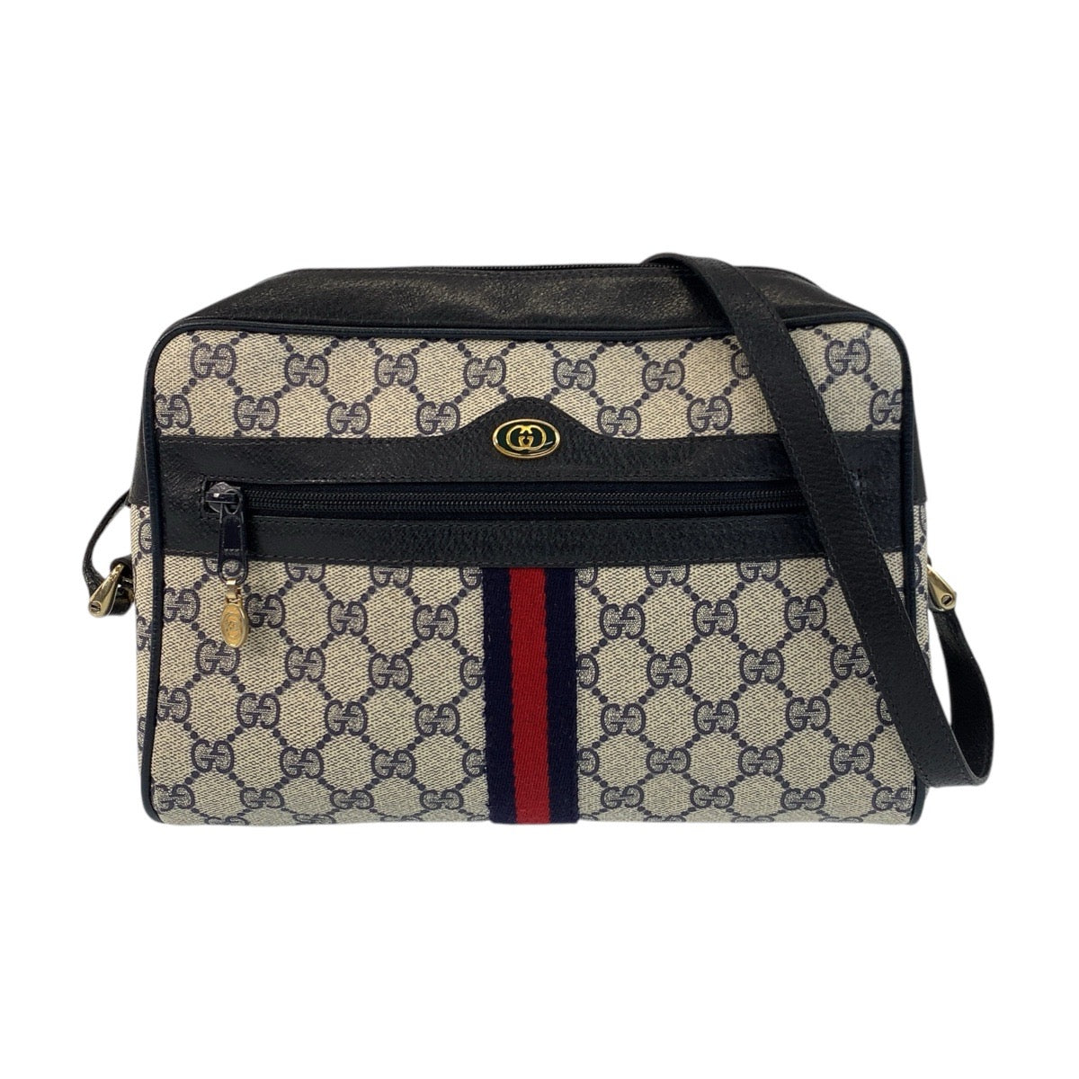 GUCCI Shoulder Bag 10 02 005 GG Supreme canvas, leather Gray Navy Gold Metal Shoulder Bag pochette Sherry Line Old Gucci Women Used Authentic