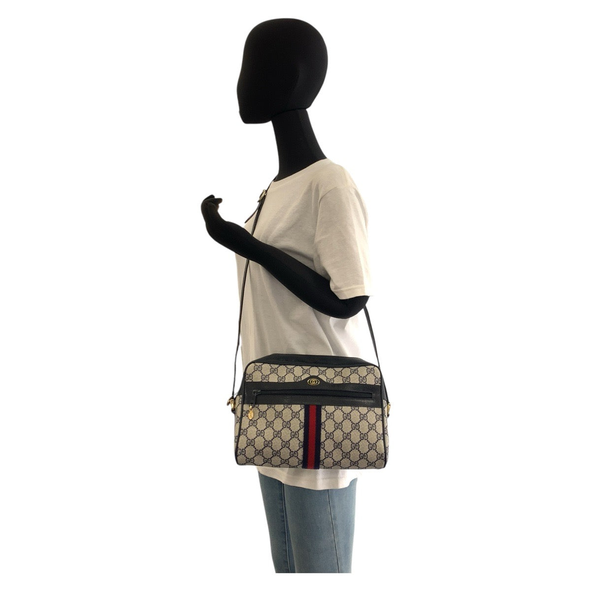 GUCCI Shoulder Bag 10 02 005 GG Supreme canvas, leather Gray Navy Gold Metal Shoulder Bag pochette Sherry Line Old Gucci Women Used Authentic