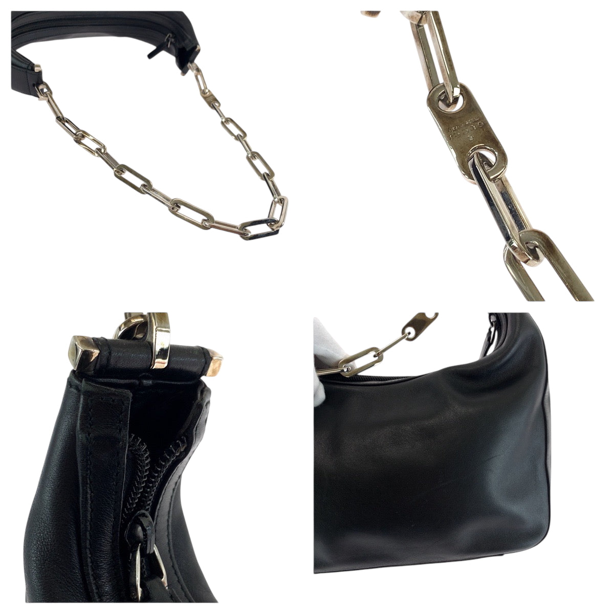 GUCCI Shoulder Bag 001 3873 leather Black SilverMetal Chain Shoulder Bag Hobo Women Used Authentic