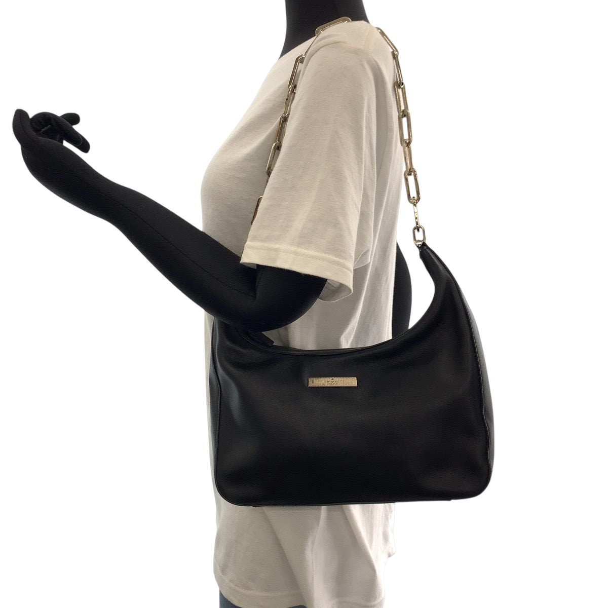 GUCCI Shoulder Bag 001 3873 leather Black SilverMetal Chain Shoulder Bag Hobo Women Used Authentic