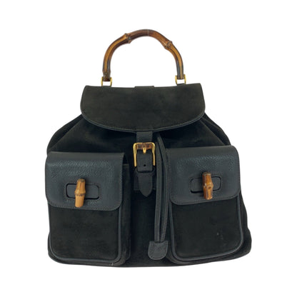 GUCCI Backpack 003 2058 0016 Suede, Leather Black Brown Gold Metal Backpack Backpack Bamboo Women Used Authentic