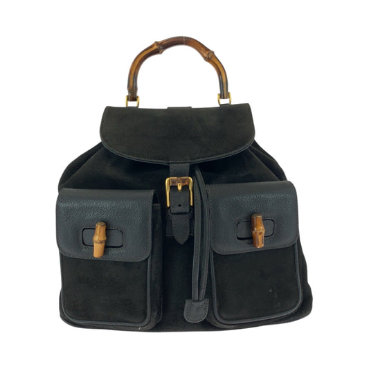 GUCCI Backpack 003 2058 0016 Suede, Leather Black Brown Gold Metal Backpack Backpack Bamboo Women Used Authentic