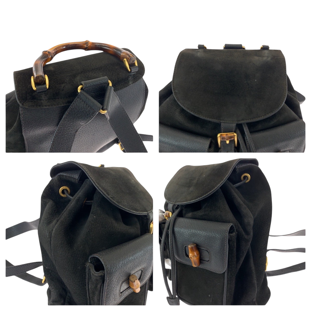 GUCCI Backpack 003 2058 0016 Suede, Leather Black Brown Gold Metal Backpack Backpack Bamboo Women Used Authentic