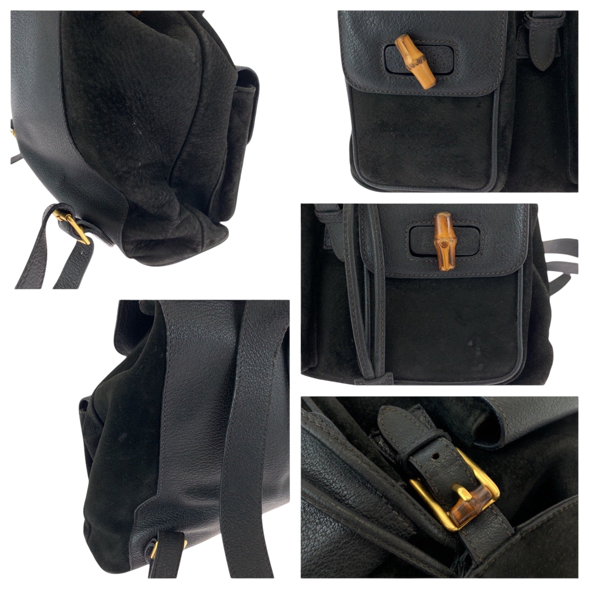 GUCCI Backpack 003 2058 0016 Suede, Leather Black Brown Gold Metal Backpack Backpack Bamboo Women Used Authentic