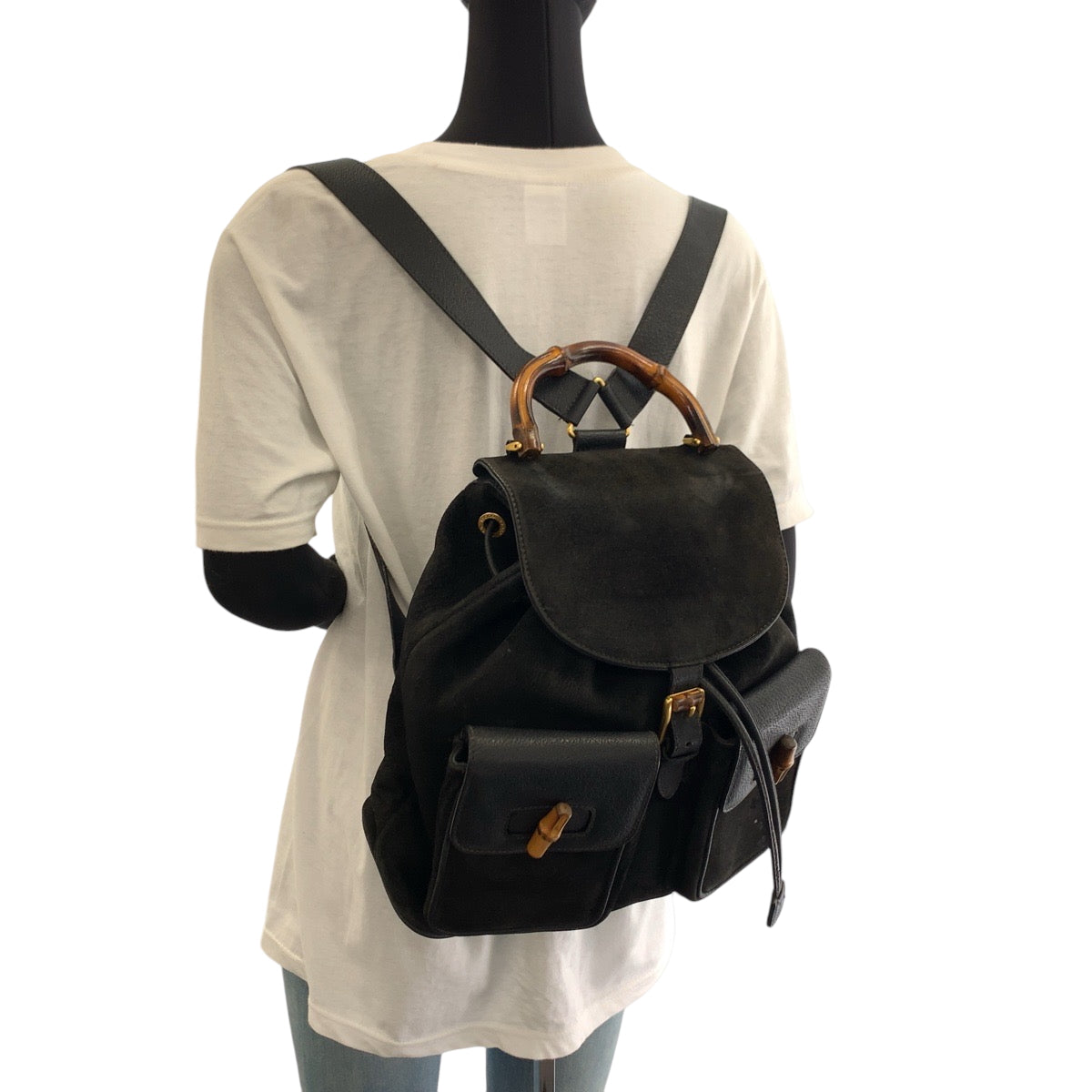 GUCCI Backpack 003 2058 0016 Suede, Leather Black Brown Gold Metal Backpack Backpack Bamboo Women Used Authentic