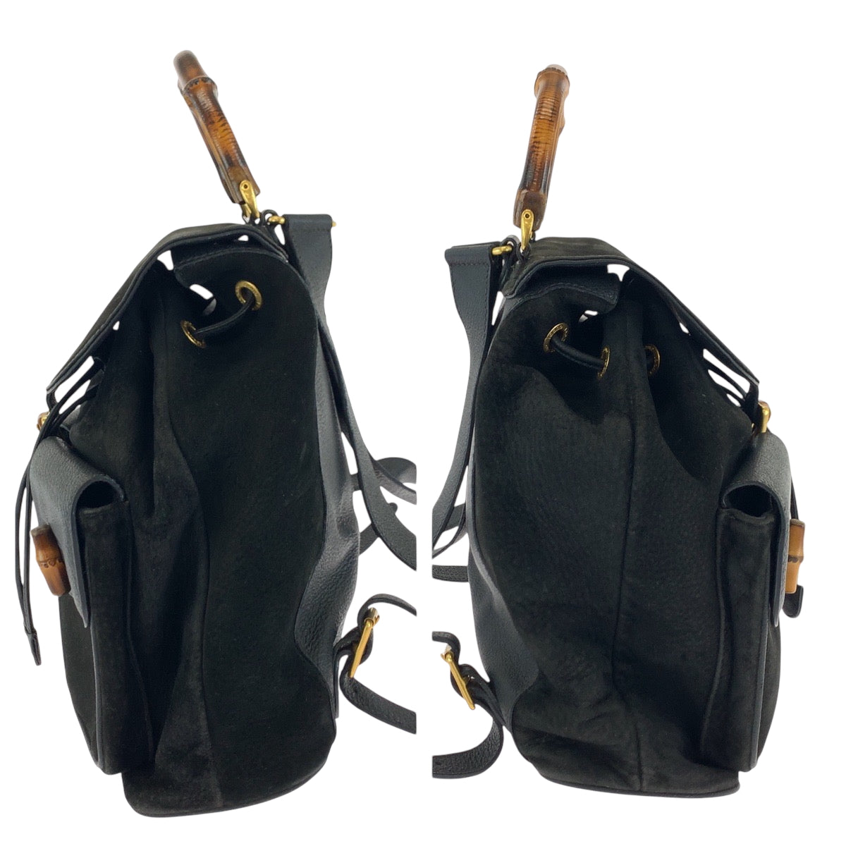 GUCCI Backpack 003 2058 0016 Suede, Leather Black Brown Gold Metal Backpack Backpack Bamboo Women Used Authentic