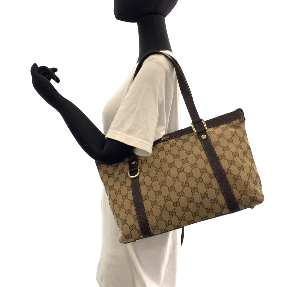 GUCCI Tote Bag 141470 GG canvas Beige Brown Gold Metal Tote Bag Shoulder Bag Abbey Women Used Authentic