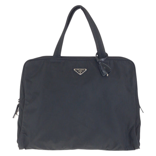 PRADA Tote Bag Nylon Black SilverMetal Tote Bag handbag Test Triangle With logo Women Used Authentic