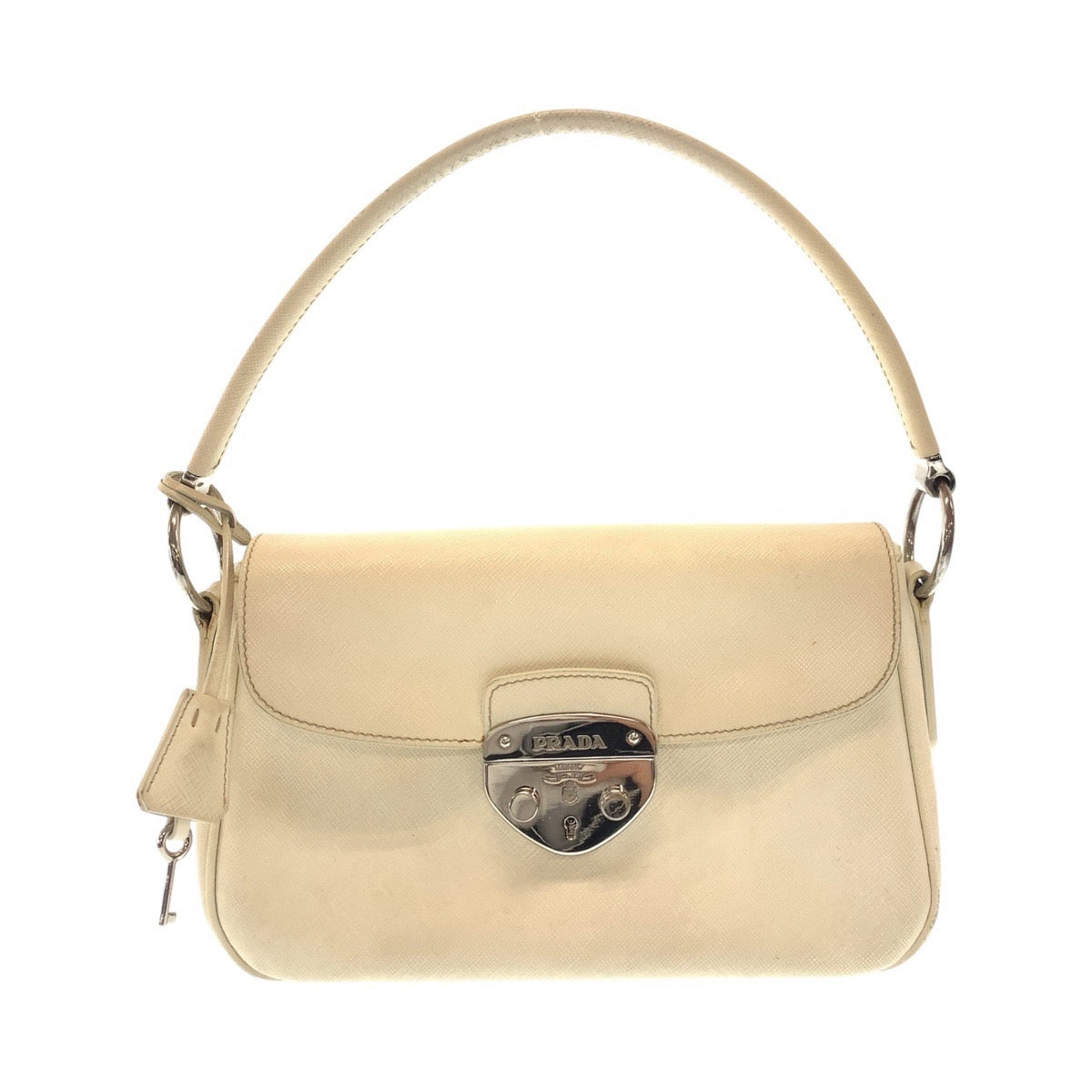 PRADA Shoulder Bag leather White SilverMetal Shoulder Bag handbag Safiano Women Used Authentic