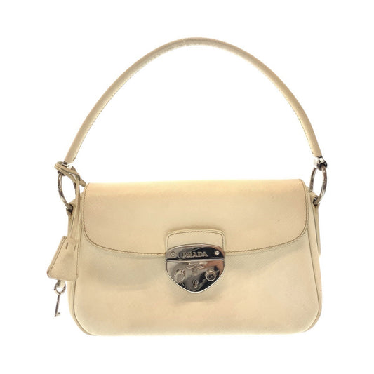 PRADA Shoulder Bag leather White SilverMetal Shoulder Bag handbag Safiano Women Used Authentic
