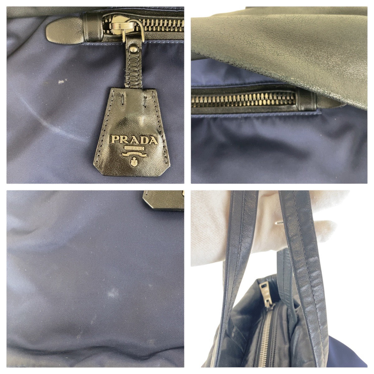 PRADA Tote Bag Nylon Navy Black SilverMetal Tote Bag Shoulder Bag Test Triangle With logo Women Used Authentic