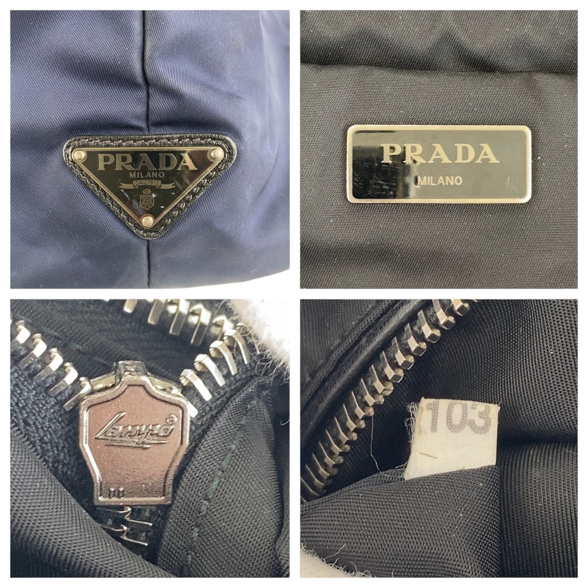 PRADA Tote Bag Nylon Navy Black SilverMetal Tote Bag Shoulder Bag Test Triangle With logo Women Used Authentic