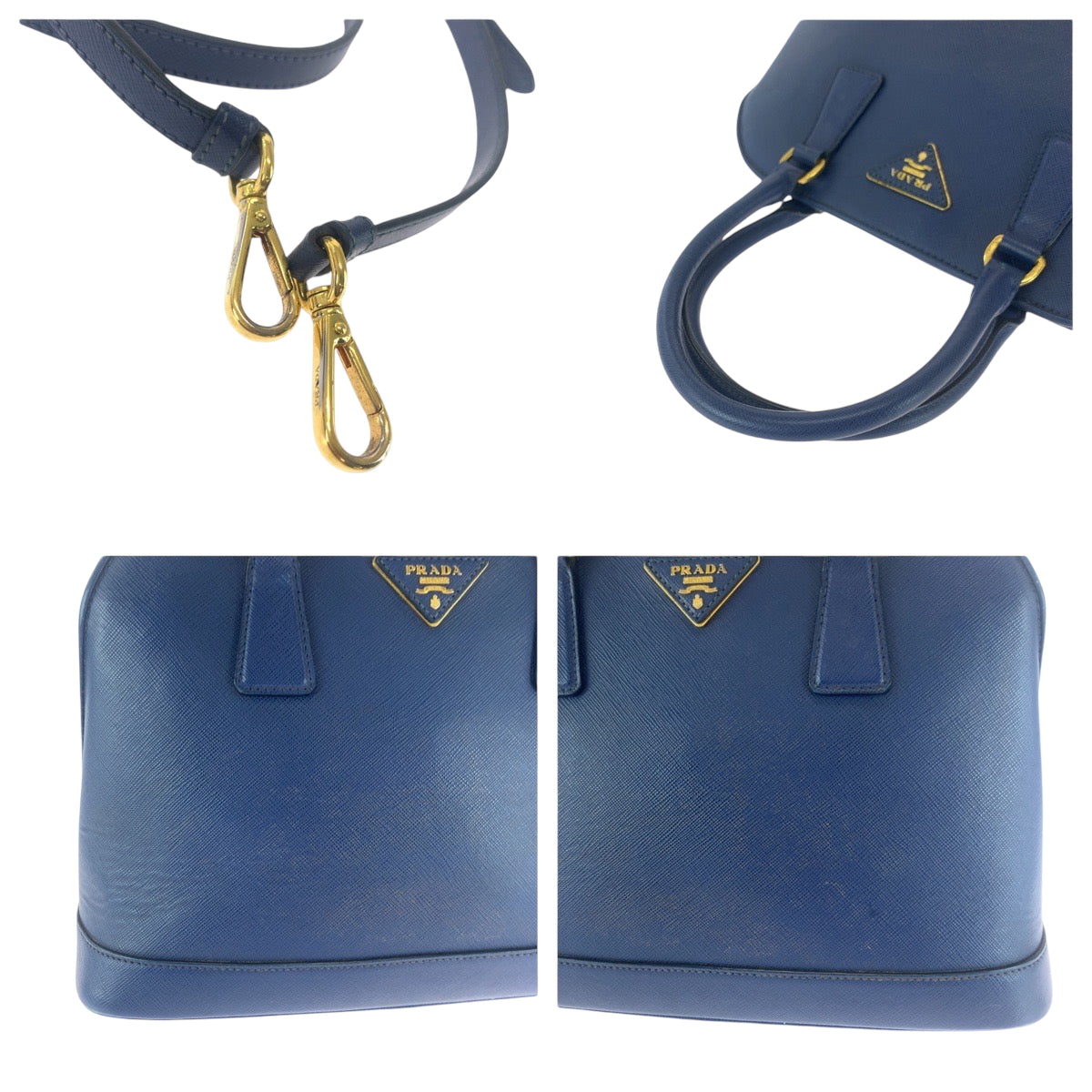 PRADA Shoulder Bag BL0537 leather Blue GoldMetal Shoulder Bag Handbag 2way Safiano Triangle With logo Women Used Authentic