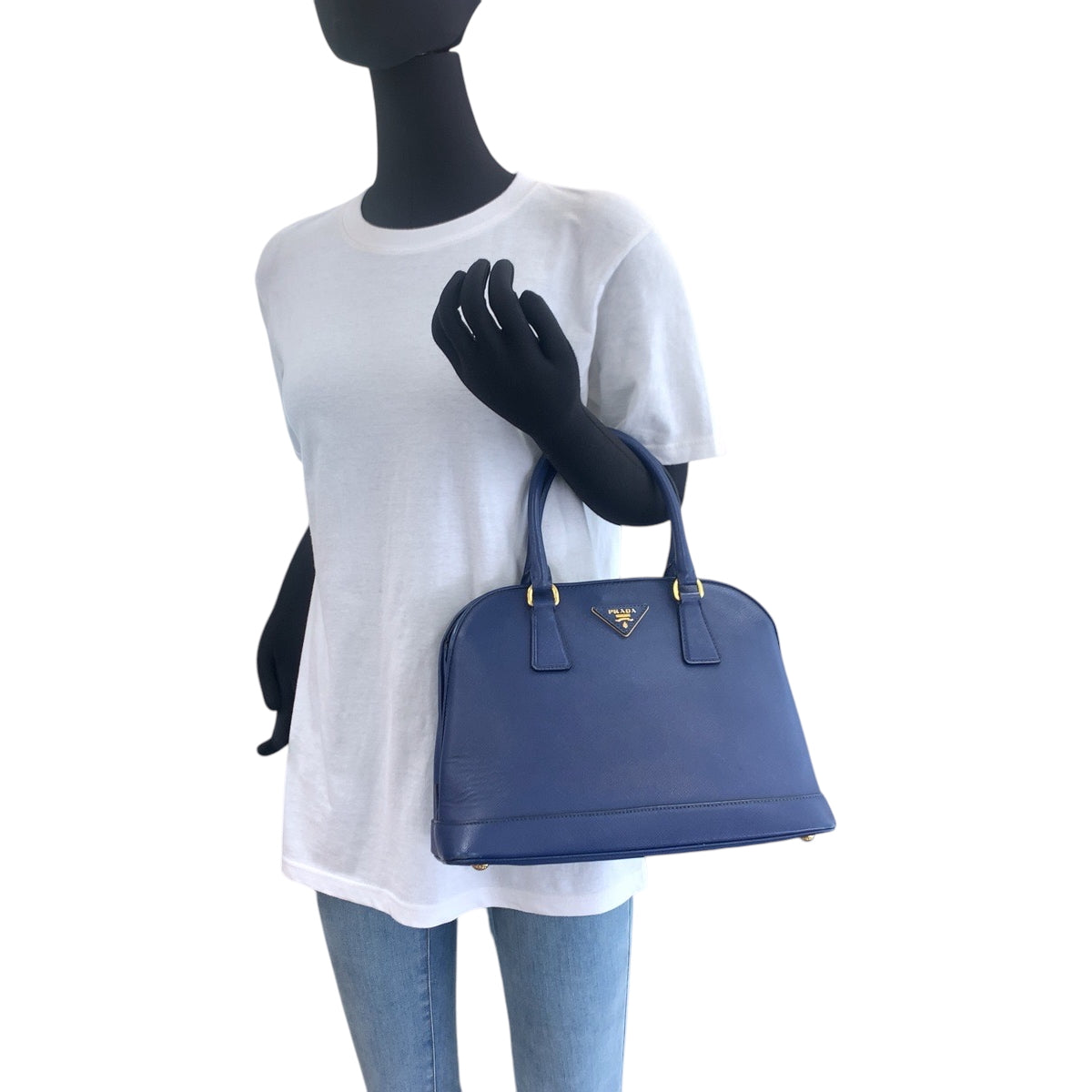 PRADA Shoulder Bag BL0537 leather Blue GoldMetal Shoulder Bag Handbag 2way Safiano Triangle With logo Women Used Authentic