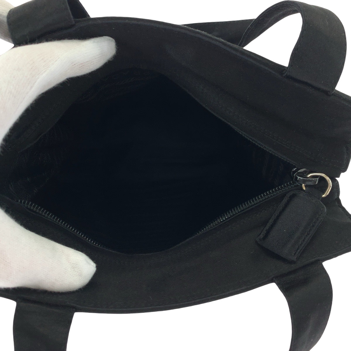 PRADA Handbag Satin Black SilverMetal Handbag Tote Bag logo Women Used Authentic
