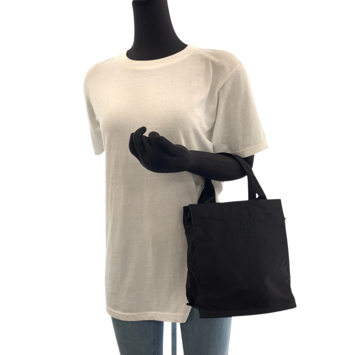 PRADA Handbag Satin Black SilverMetal Handbag Tote Bag logo Women Used Authentic