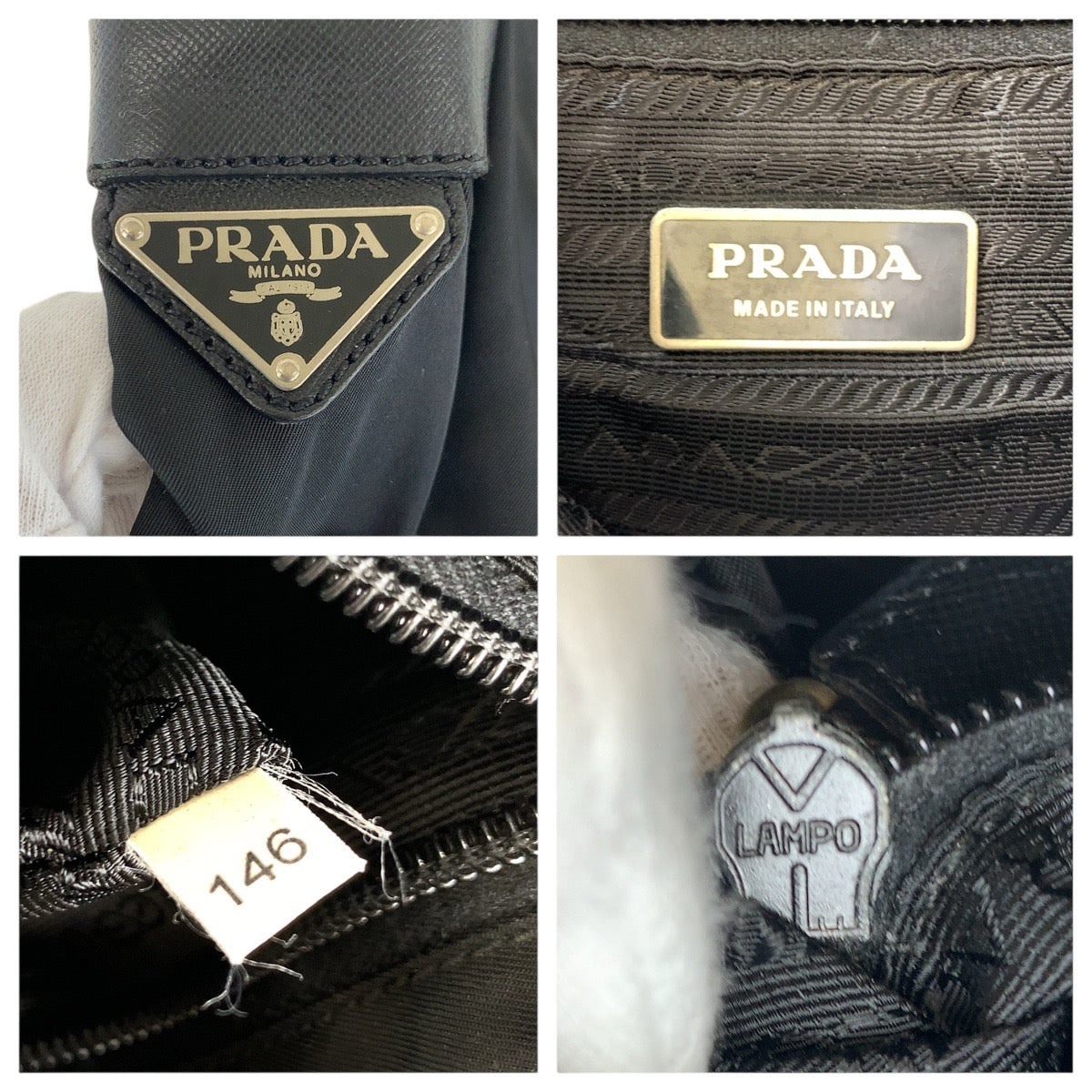 PRADA Shoulder Bag Nylon, Leather Black SilverMetal Shoulder Bag pochette Testo Saffiano Triangle With logo mens Used Authentic
