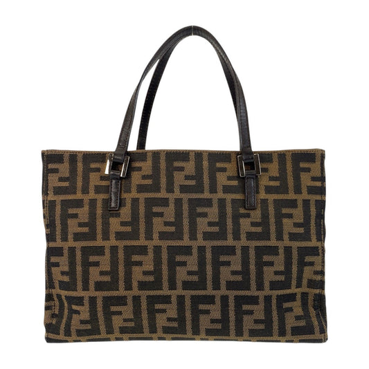 FENDI Tote Bag 8BH072 Canvas, Leather Brown Silver Metal Tote Bag handbag Zucca Women Used Authentic