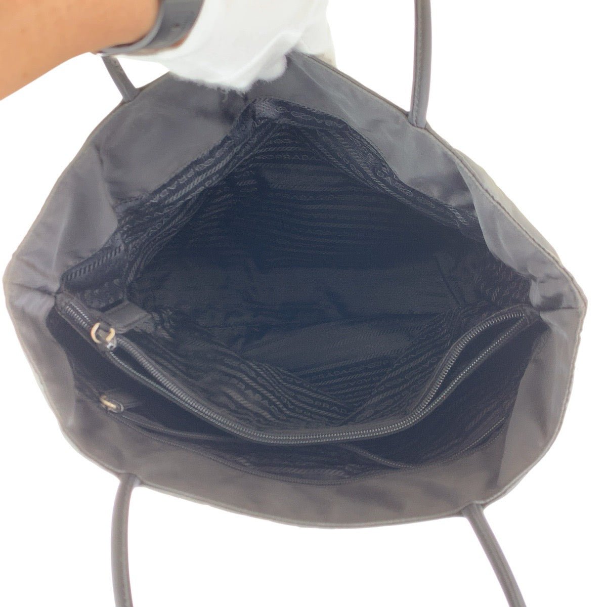 PRADA Tote Bag Nylon Black SilverMetal Tote Bag Shoulder Bag Test Triangle With logo Women Used Authentic