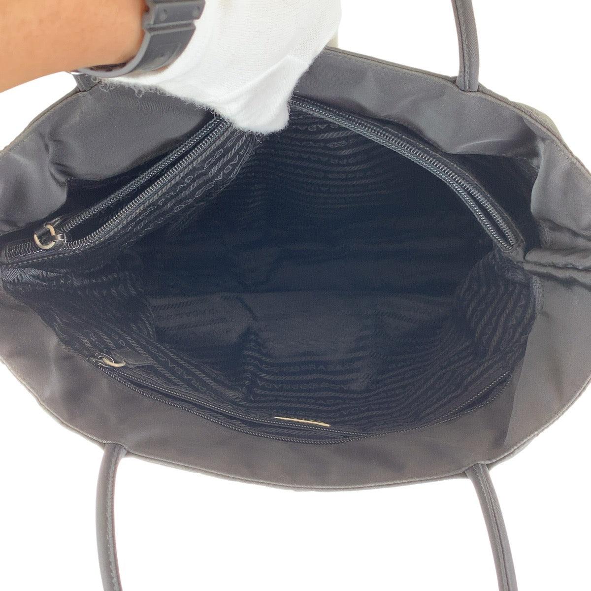 PRADA Tote Bag Nylon Black SilverMetal Tote Bag Shoulder Bag Test Triangle With logo Women Used Authentic
