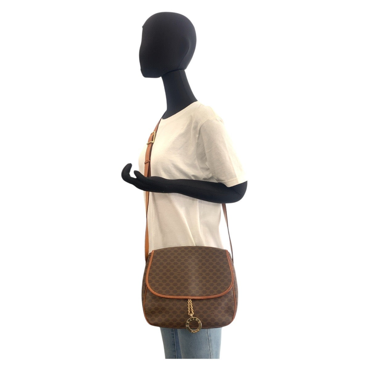 CELINE Shoulder Bag JMB11 PVC, Leather Brown Gold Metal Shoulder Bag Messenger bag Macadam Circle Logo Metal Women Used Authentic
