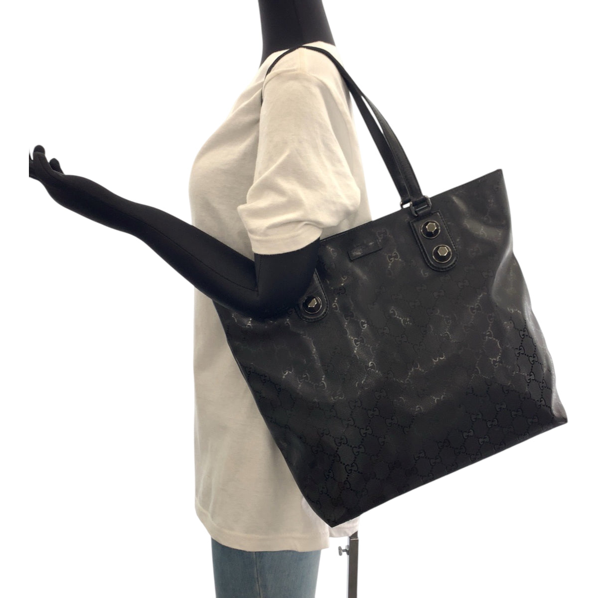 GUCCI Tote Bag 229848 PVC Black SilverMetal Tote Bag Shoulder Bag GG implementation mens Used Authentic