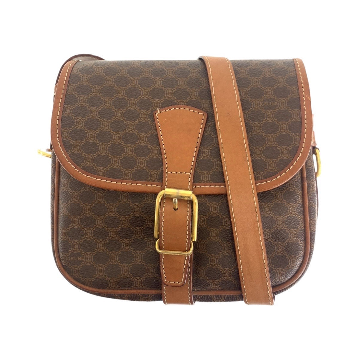 CELINE Shoulder Bag PVC, Leather Brown Gold Metal Shoulder Bag pochette Macadam Women Used Authentic