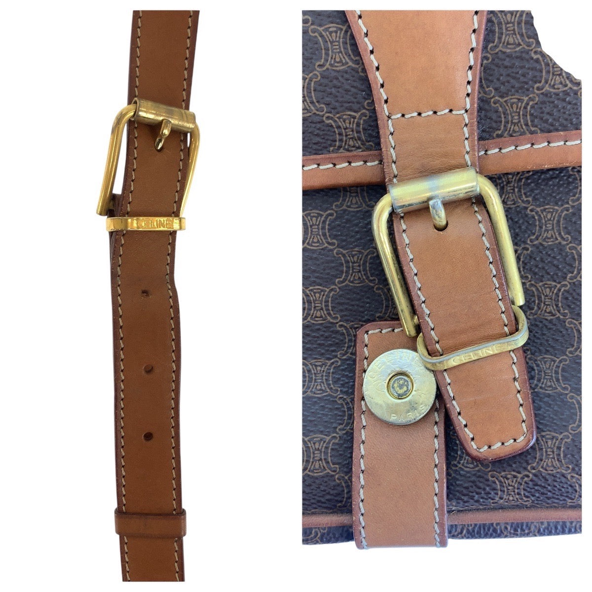CELINE Shoulder Bag PVC, Leather Brown Gold Metal Shoulder Bag pochette Macadam Women Used Authentic