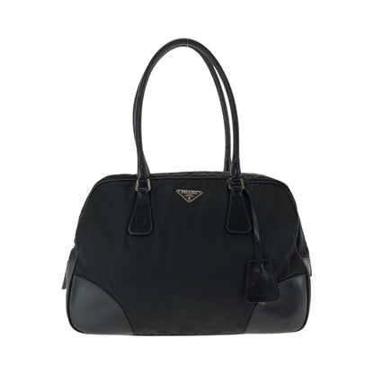 PRADA Tote Bag Nylon Black SilverMetal Tote Bag Shoulder Bag Test Triangle With logo Women Used Authentic