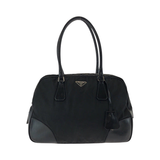 PRADA Tote Bag Nylon Black SilverMetal Tote Bag Shoulder Bag Test Triangle With logo Women Used Authentic