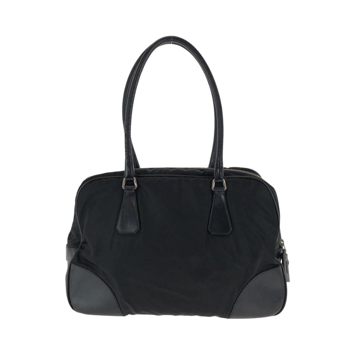 PRADA Tote Bag Nylon Black SilverMetal Tote Bag Shoulder Bag Test Triangle With logo Women Used Authentic