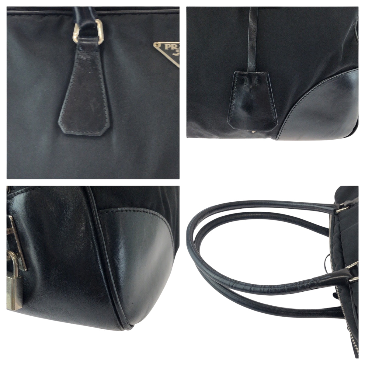 PRADA Tote Bag Nylon Black SilverMetal Tote Bag Shoulder Bag Test Triangle With logo Women Used Authentic