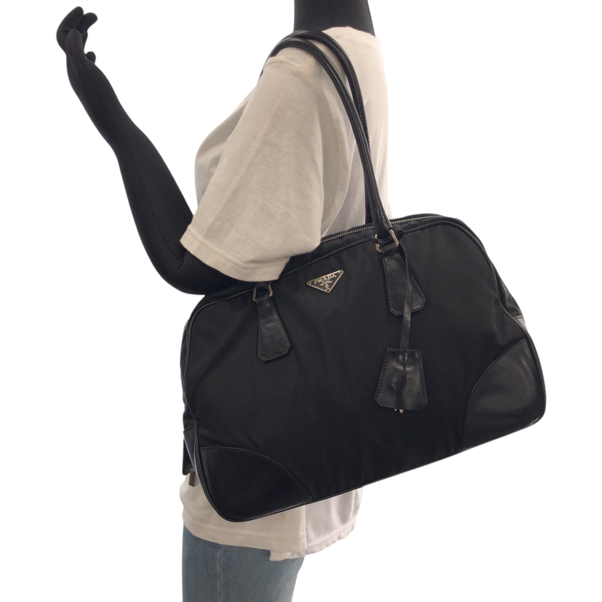 PRADA Tote Bag Nylon Black SilverMetal Tote Bag Shoulder Bag Test Triangle With logo Women Used Authentic