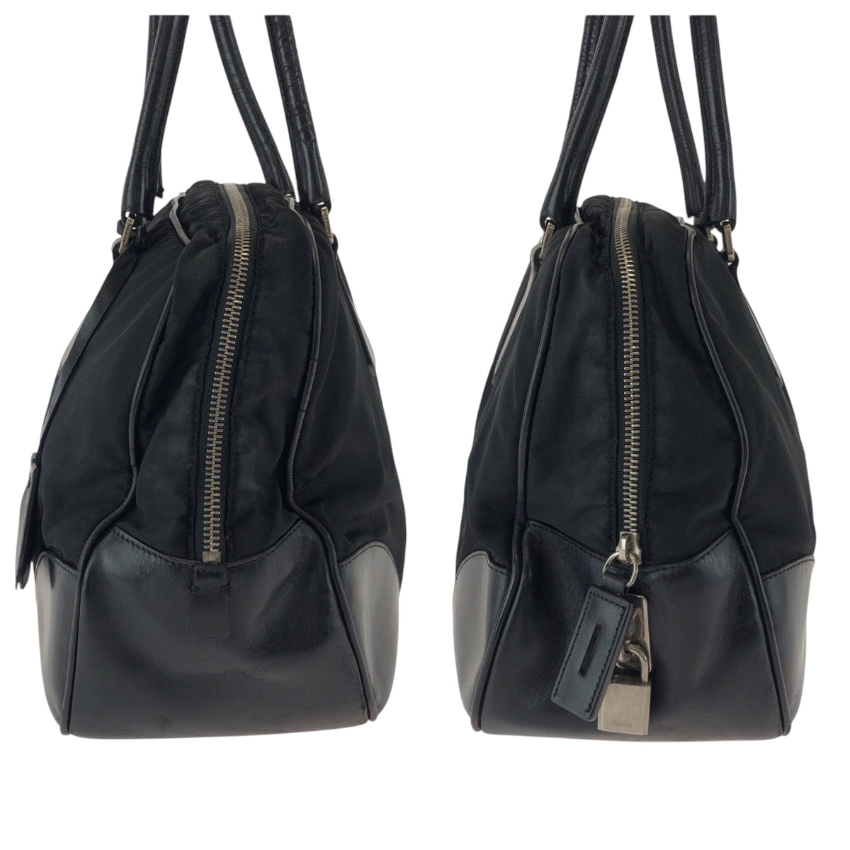 PRADA Tote Bag Nylon Black SilverMetal Tote Bag Shoulder Bag Test Triangle With logo Women Used Authentic