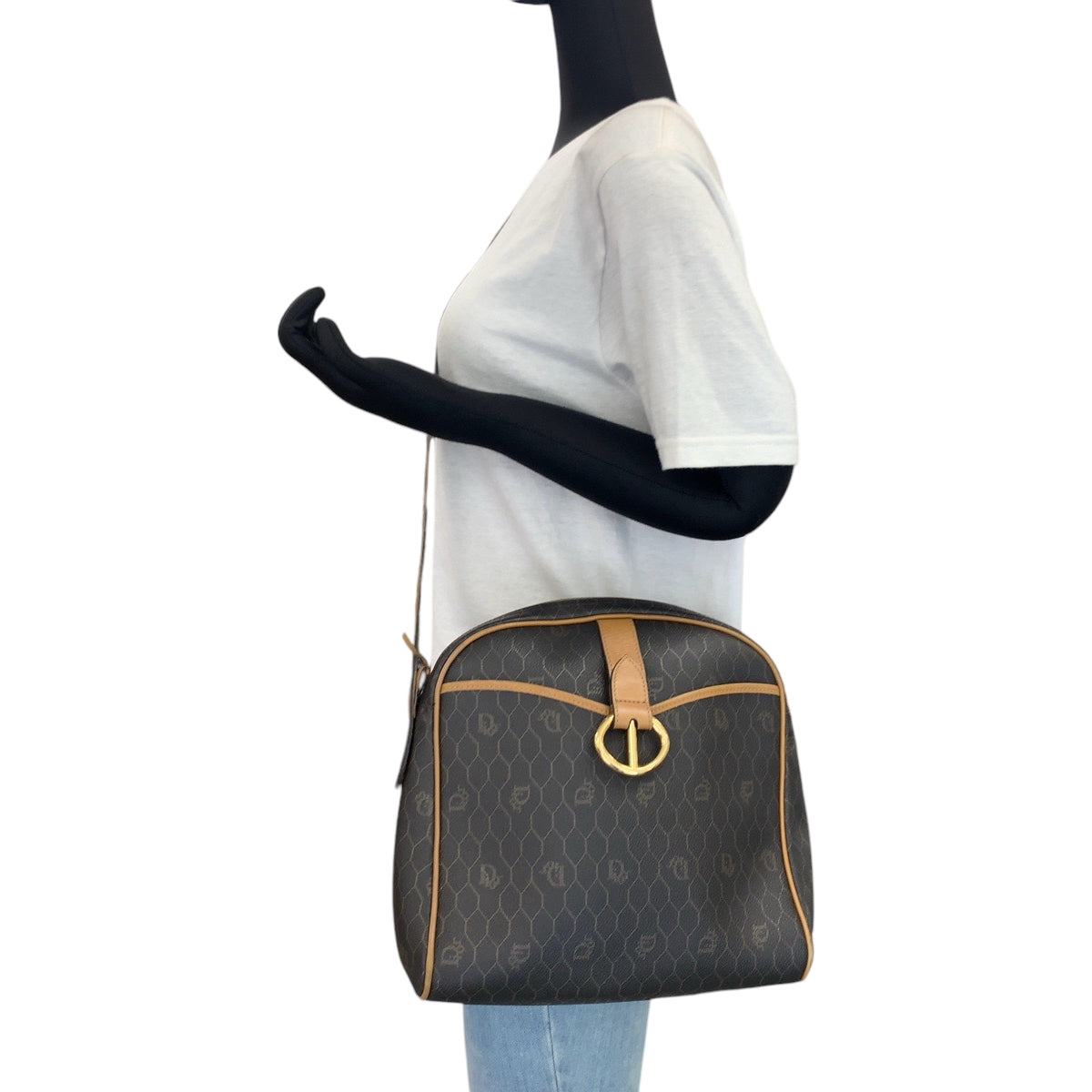 Dior Shoulder Bag PVC Brown Gold Metal Shoulder Bag pochette Honeycomb Pattern Women Used Authentic