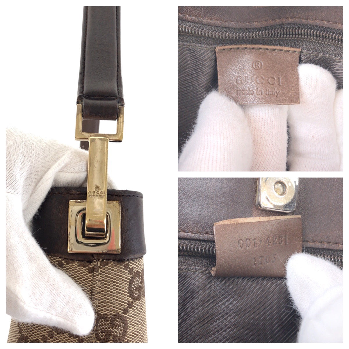 GUCCI Shoulder Bag 001 4231 GG canvas, leather Brown Gold Metal Women Used Authentic