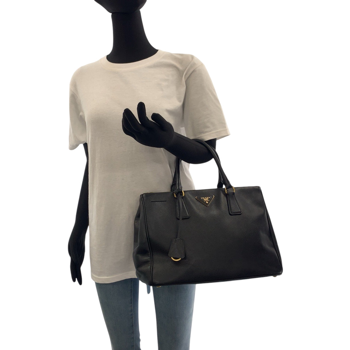 PRADA Handbag BN2274 leather Black GoldMetal Handbag Tote Bag Galleria Triangle With logo Women Used Authentic