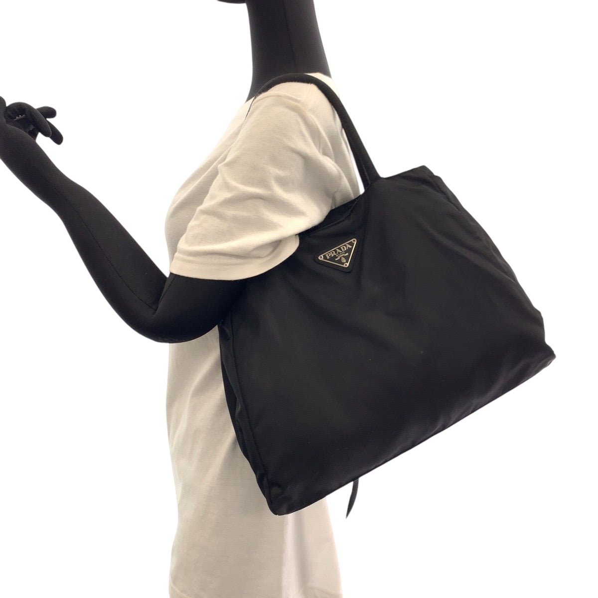 PRADA Tote Bag Nylon Black SilverMetal Tote Bag Handbag Shoulder Bag Test Triangle With logo Women Used Authentic