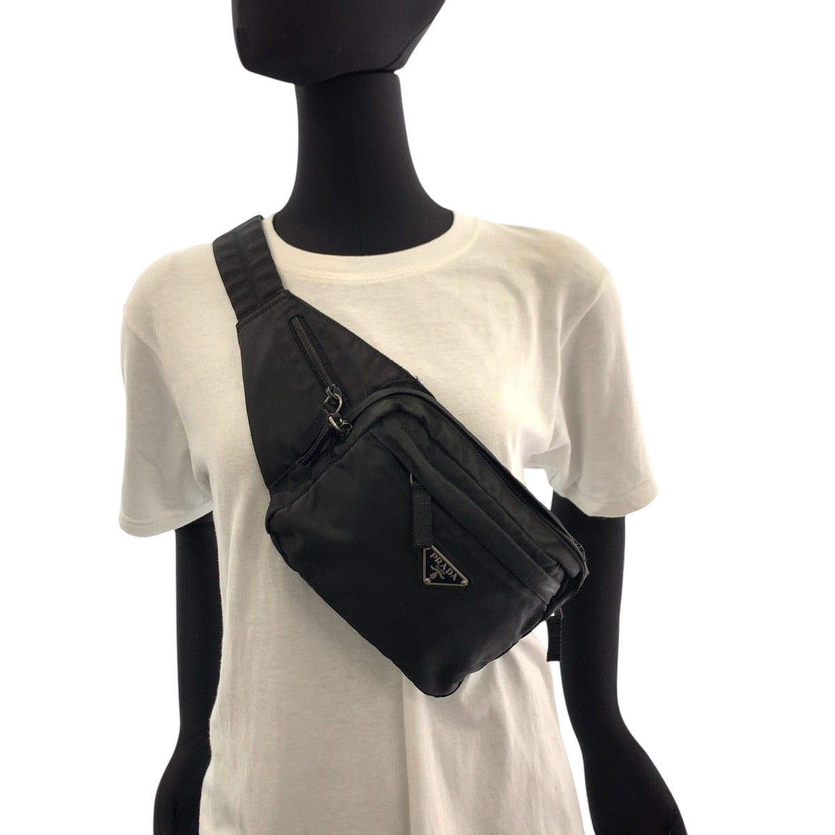 PRADA Waist bag V210 Nylon Black SilverMetal Waist Bag Bum Bag Test Triangle With logo mens Used Authentic
