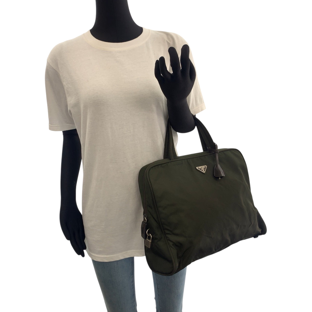 PRADA Tote Bag Nylon Khaki SilverMetal Tote Bag handbag Test Triangle With logo Women Used Authentic
