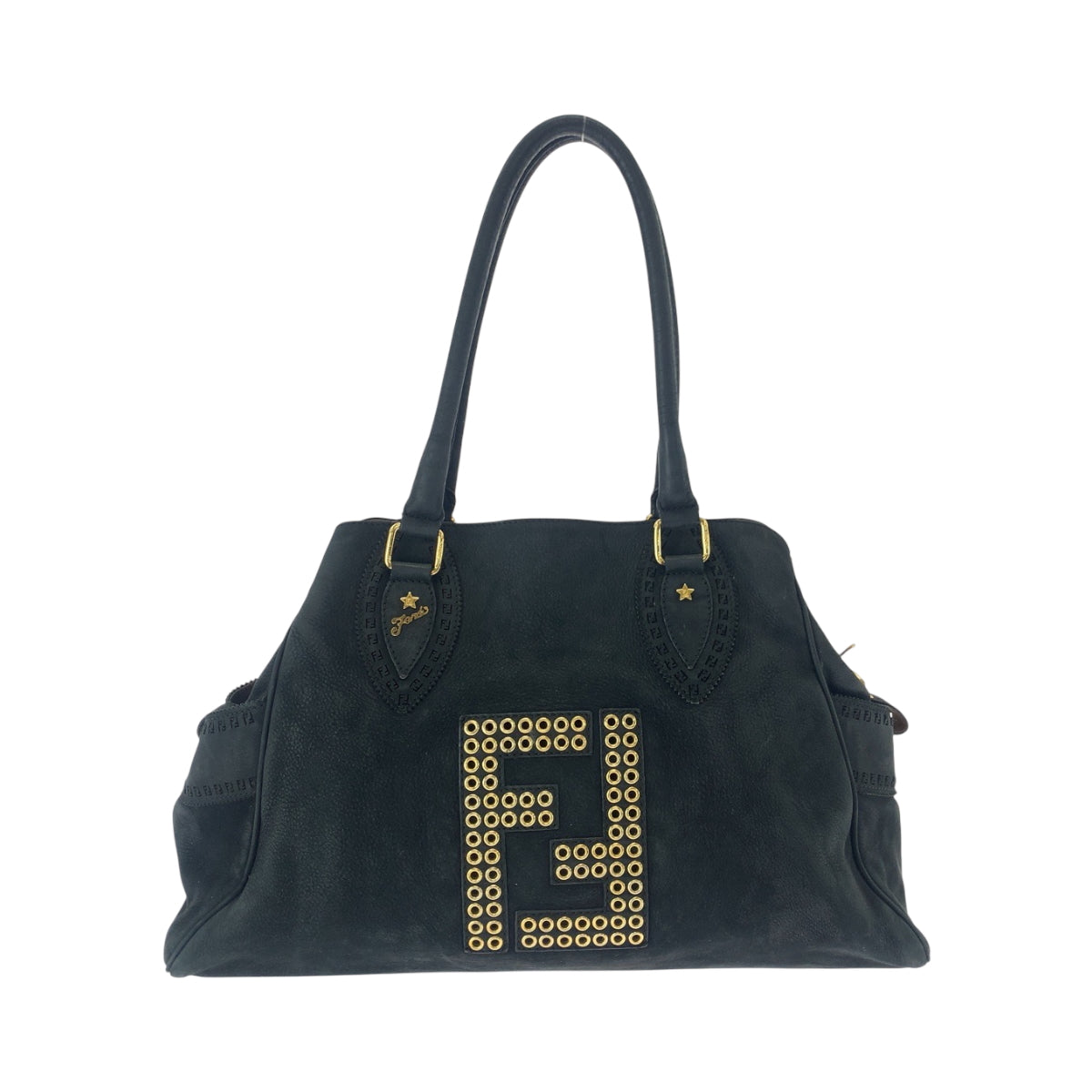 FENDI Tote Bag 2372 8BN162 Nubuck Black GoldMetal Tote Bag Shoulder Bag Etnico Punching studs Women Used Authentic