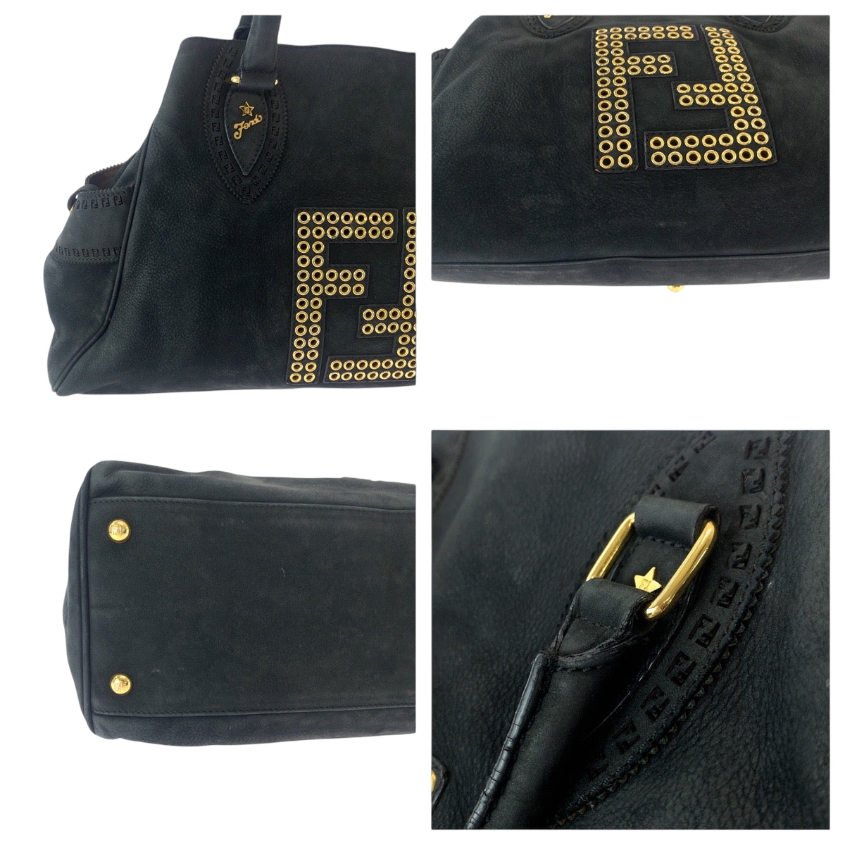 FENDI Tote Bag 2372 8BN162 Nubuck Black GoldMetal Tote Bag Shoulder Bag Etnico Punching studs Women Used Authentic