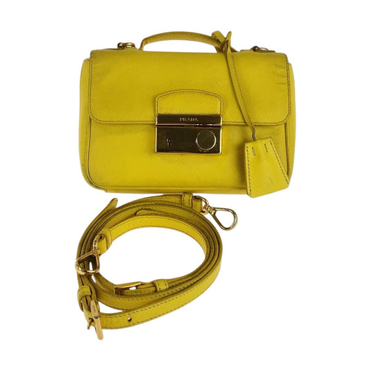 PRADA Shoulder Bag leather Yellow Gold Metal Shoulder Bag Handbag 2WAY Safiano Women Used Authentic
